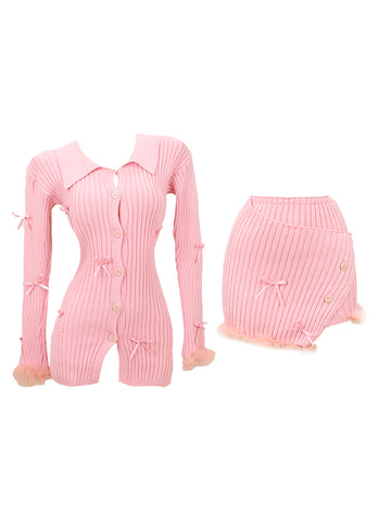 Pink Knit Fuzzy Top Skirt Set