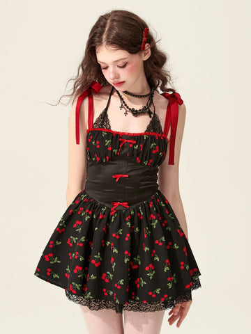 Dolly baby Little Cherry Black Halter Neck Floral Dress