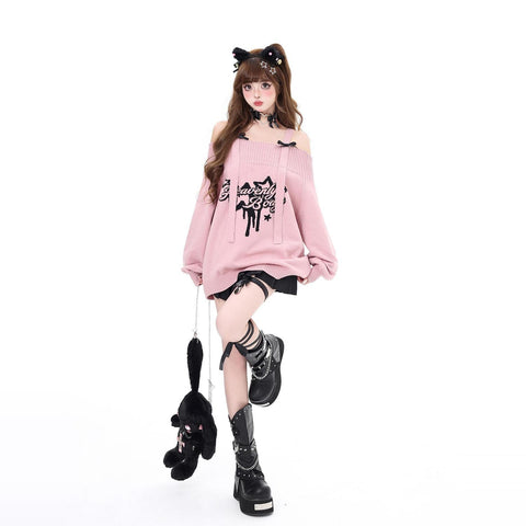 Original sweet and cool bow shoulder loose sweater