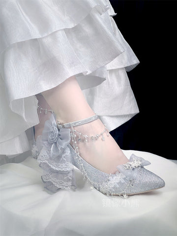 Lolita High Heels Adult Ceremony Silver Fine Sparkling Crystal Wedding Shoes
