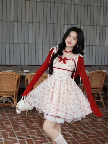 Sweet princess dress with bow jacquard lace suspender dress