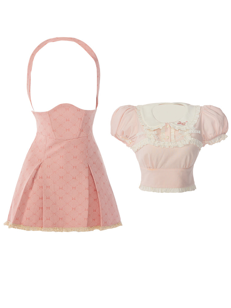 [SET] First Love Summer Pink Short-Sleeved Top Vest Skirt Hot Girl Suit Female - Jam Garden