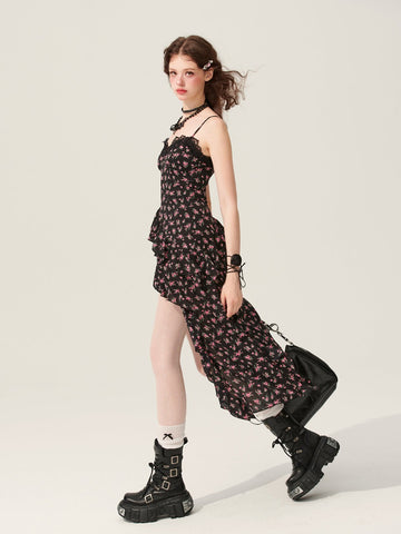 Original design floral long dress black suspender skirt