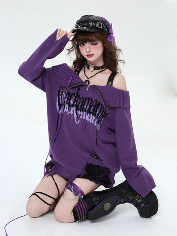 Original light black and purple off-shoulder lapel design niche sweater