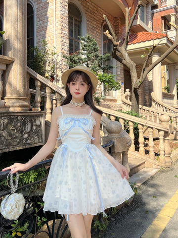 Girls sweet retro princess dress fairy sweet mesh floral suspender skirt