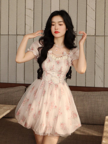 Pink floral skirt sweet bow short-sleeved dress