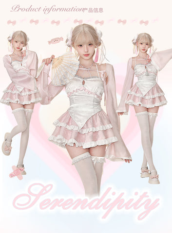 Serendipity peach pink cardigan + suspenders + pink skirt