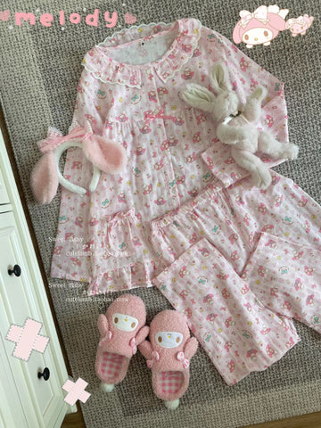 Cutelamb [Cream Pink Bunny] Japanese Girl's Cute Bow Pink Long-sleeved Pajamas
