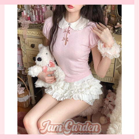 Bobon21 Cream Girl French Doll Collar Knitted Short Sleeve T-Shirt