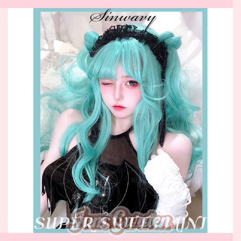 Comic cute green cos wig imitating Hatsune wavy long curly hair