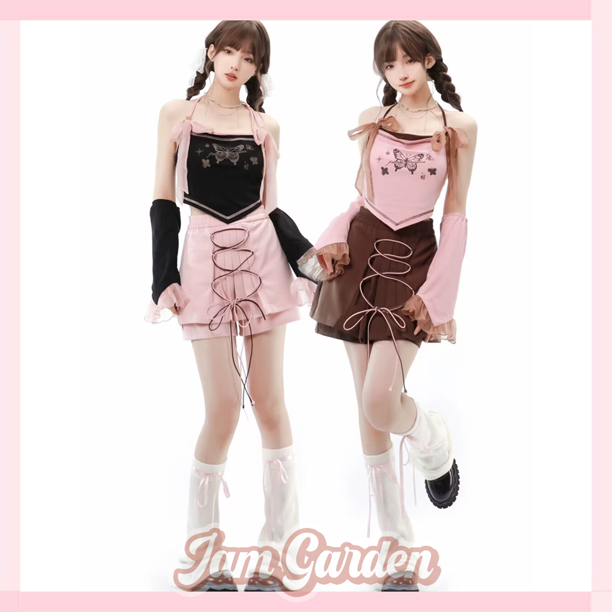 Dream Butterfly Pink Black Triangular Hem Summer Camisole Design Strap Slim Skirt - Jam Garden