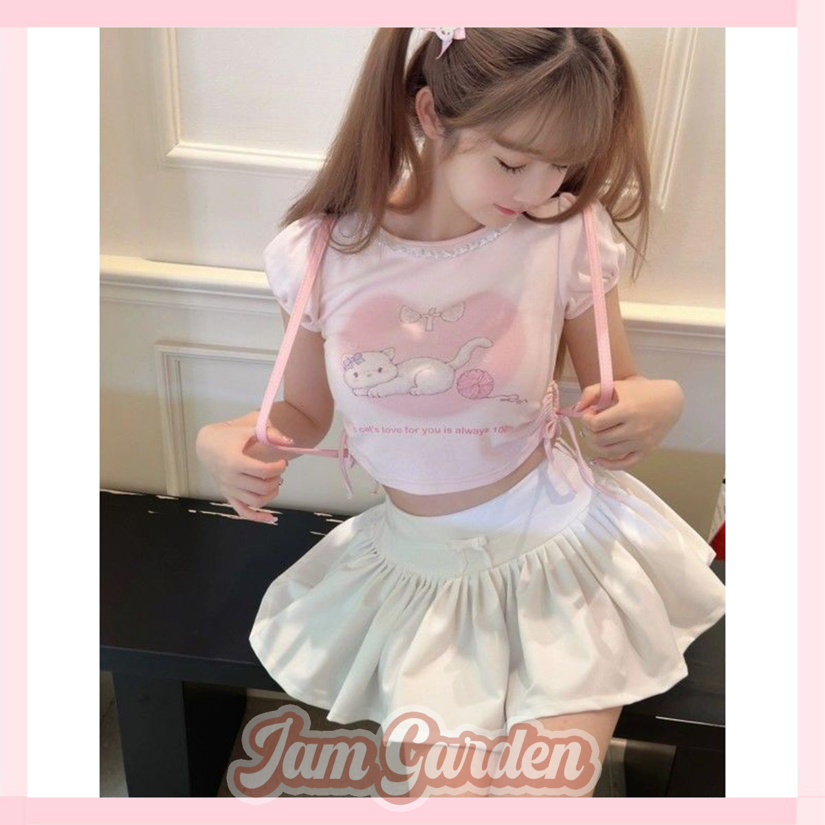 Pure Desire Cute Girl Fashion Age Reduction Pink Printed Shirring Top High Waist Ruffled Fluffy Skirt Suit - Jam Garden