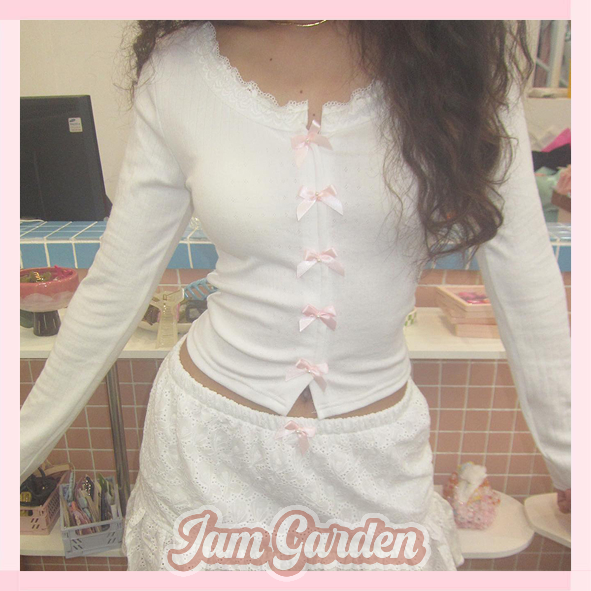French court style bow top sweet and versatile long-sleeved short T-shirt - Jam Garden