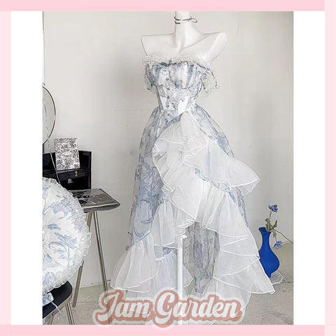 French Blue Floral Tube Top Dress Fugitive Princess Vintage Vintage Lolita Dress - Jam Garden