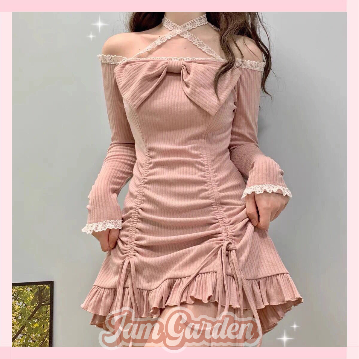 Autumn Japanese Soft Girl Cute Bowknot One-Shoulder Lace Dress Babes Look Thin A-Line Skirt - Jam Garden