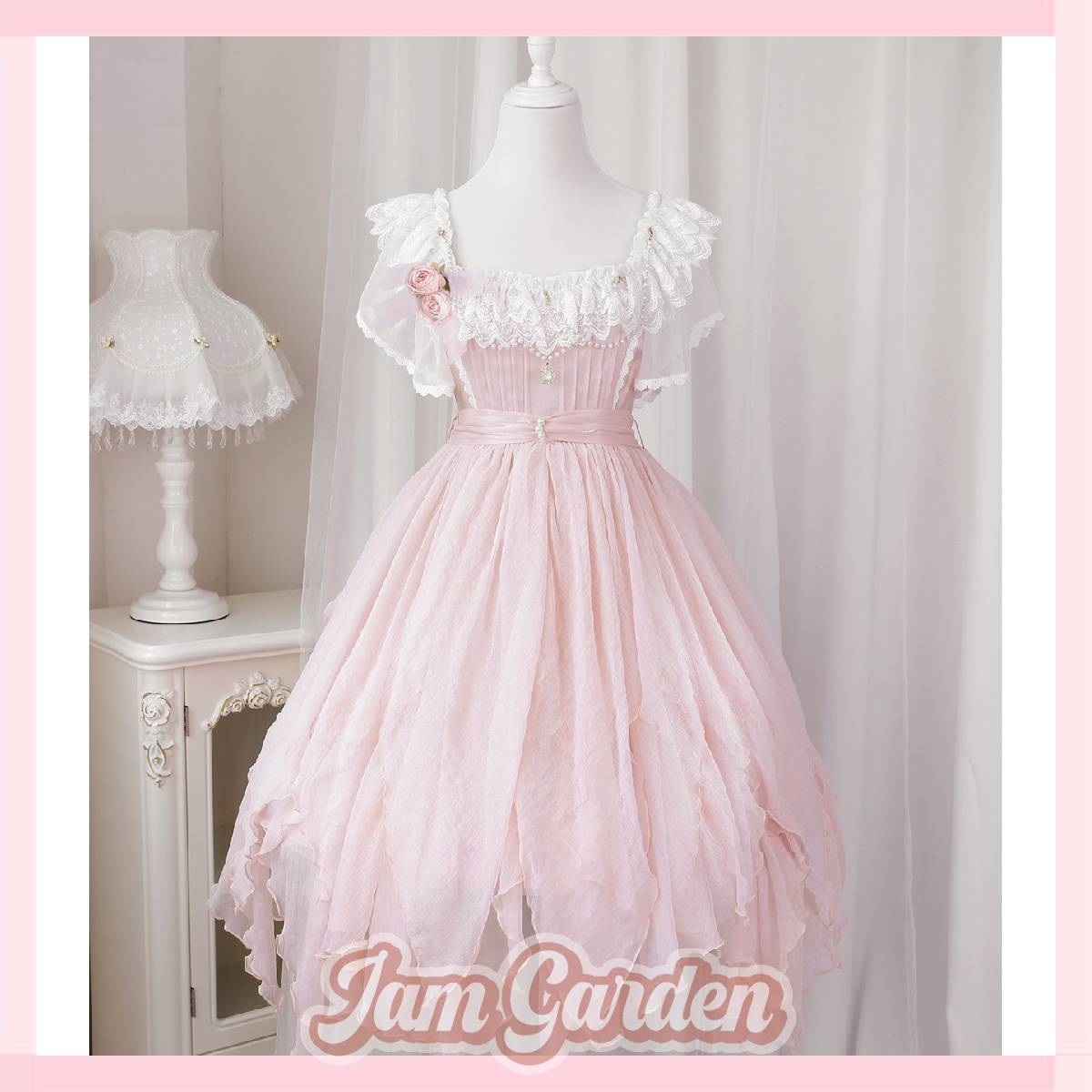 Lolita Large Square Neck Pink Rose Daily Dress