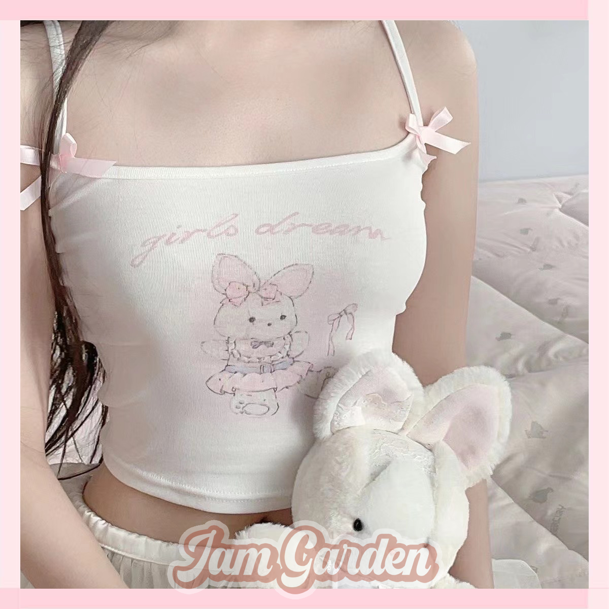Rabbit Bear Original Raglan Short-Sleeved T-Shirt Suspenders Girl Niche Cute Pure Tight Elastic Cotton Top - Jam Garden
