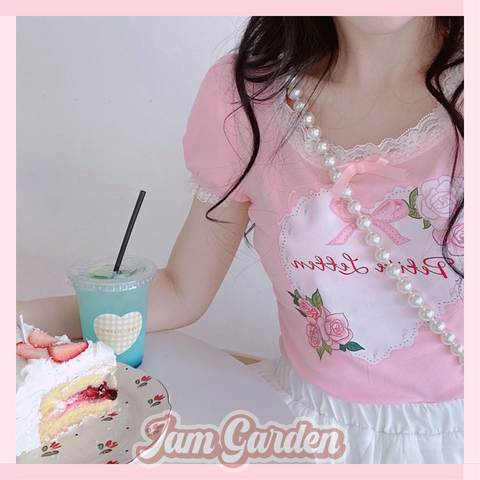 Little Cute T-Shirt Short-Sleeved Summer All-Match French Princess Sweet Wind Print Slim Fit Top - Jam Garden