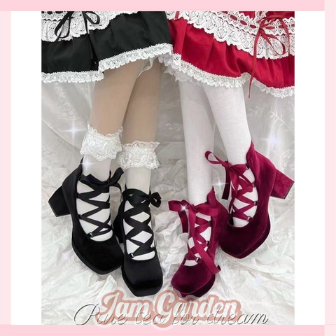 Sayo Oriko Lo Shoes Velvet Cross Straps Classic Square Toe Women'S Singles Shoes - Jam Garden