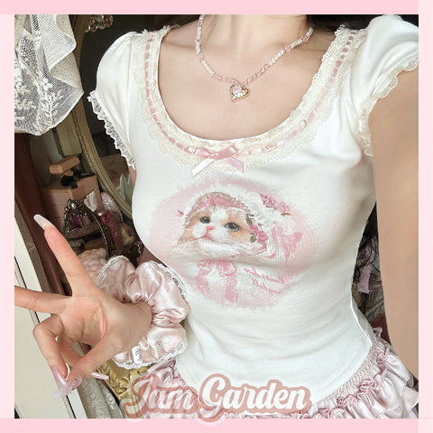 Bobon21 Garden Doll Waist Cat Print Lace Short Sleeve T-shirt