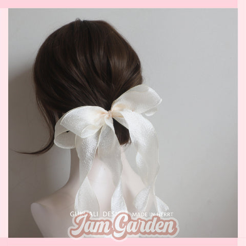 Off-white seersucker big bow ribbon hair tie