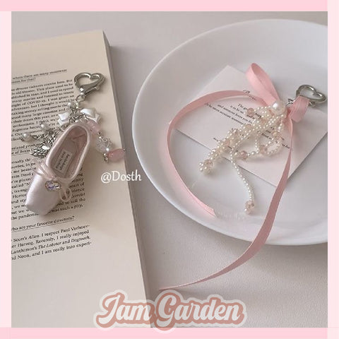 Cute girly heart ballet style crystal pearl flower bow key chain