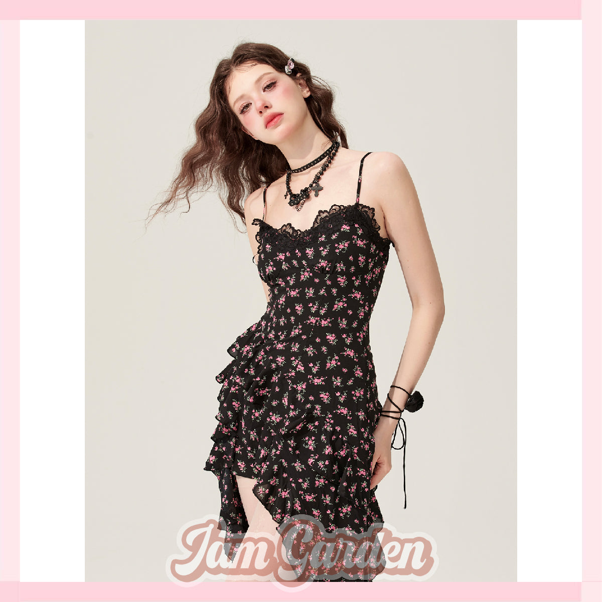 Original design floral long dress black suspender skirt