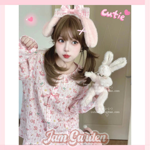 Cutelamb [Cream Pink Bunny] Japanese Girl's Cute Bow Pink Long-sleeved Pajamas