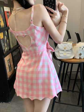 Sweet girl pink plaid suspender skirt for women in summer