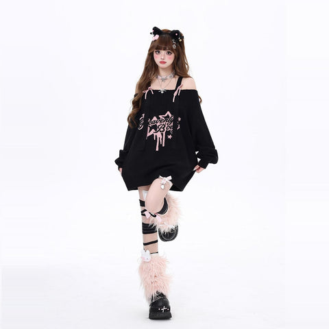 Original sweet and cool bow shoulder loose sweater