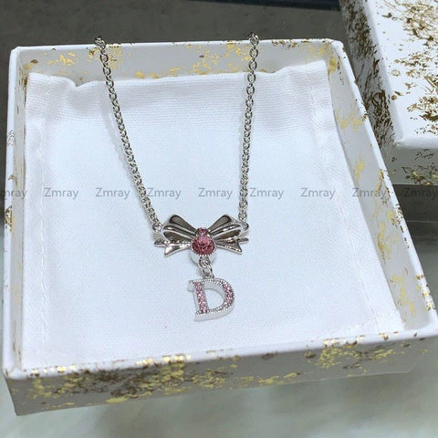 Bow pendant necklace vintage CD letter pink diamond necklace