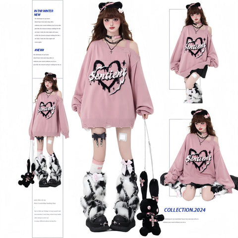 Original subculture off-shoulder loose girls autumn and winter knitted sweater tops