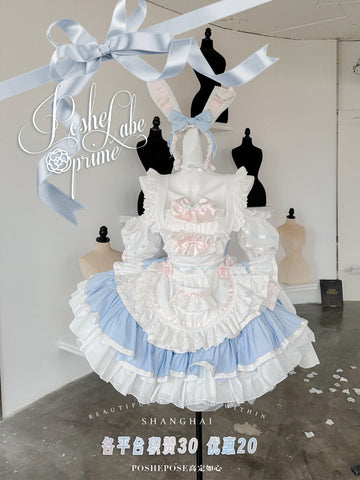 POSHEPOSE Blue and white apron rabbit princess style new bow dress suit