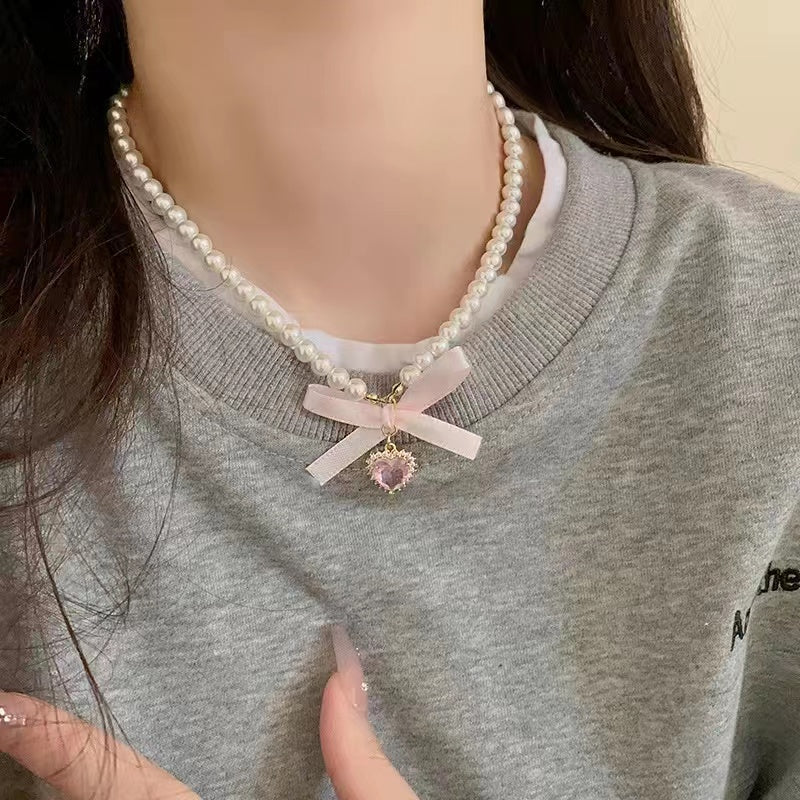 Sweet Pearl Heart Ribbon Necklace