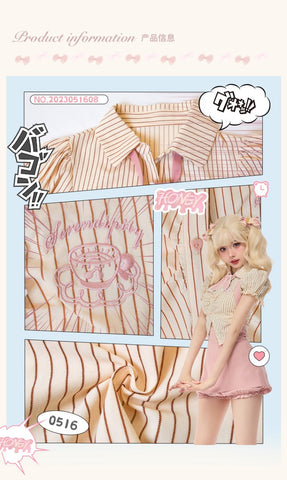 [Cookie Curly Rabbit]- Summer Striped Short-sleeved Shirt + Pink Strap Skirt Two-piece Set - Jam Garden