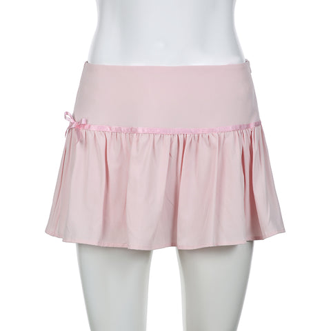Vintage tang Pink girl's bow-stitched low-waist pleated skirt