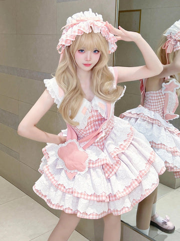 Pink plaid small flying sleeve lolita dress Lolita puffy princess dress