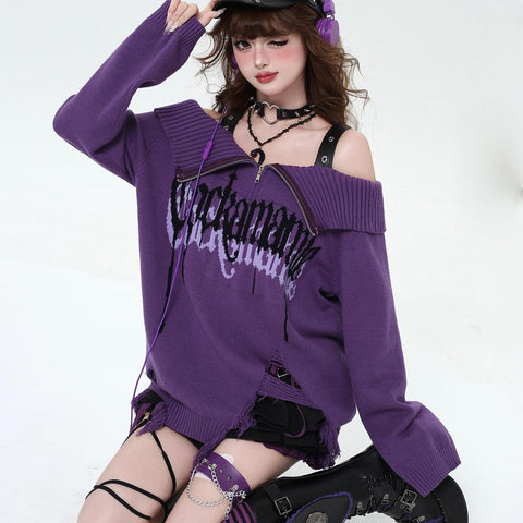 Original light black and purple off-shoulder lapel design niche sweater