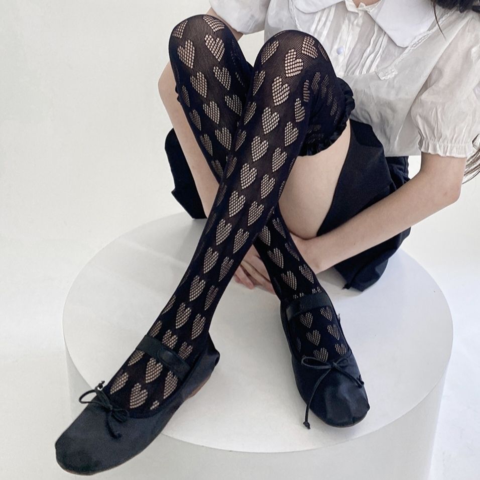 Black Lolita Knee Socks Satin Lace High Socks Hollow Heart Stockings Retro Net Socks - Jam Garden