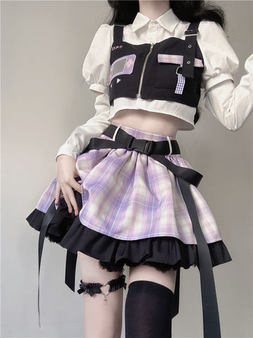 Summer sweet and cool work vest + sleeves design shirt + plaid skirt loli suit