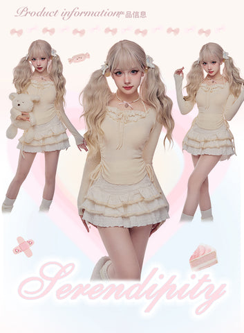 Serendipity Autumn Cream Yellow Wool Knitted Bottoming Shirt Cake Half Skirt Two-piece Suit