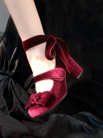 Red Christmas Women's Thick Heel Suede Bow High Heels