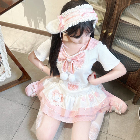 Special navy collar short sleeves sweet and cute rabbit ears suit