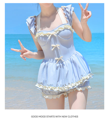 Cute bow-knot whitening student one-piece swimsuit