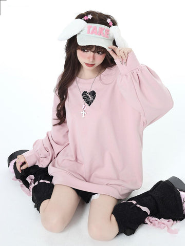 Bow Tie Heart Embroidery Loose Sweet Cool Hot Girl Casual All-Match Top Long-Sleeved Sweater - Jam Garden