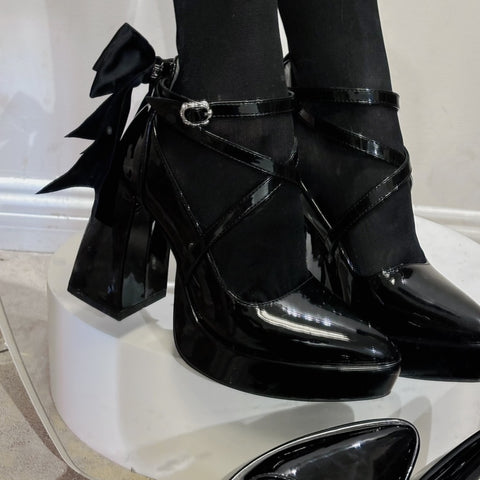 Dark pointed thick heels with big bow lolita shoes