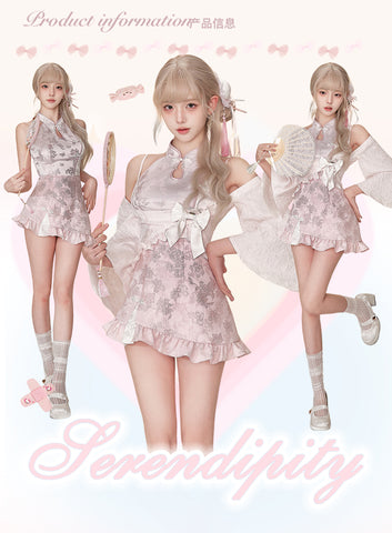 Serendipity Love Song Summer Pink Cardigan Shawl + Pink Cheongsam Dress