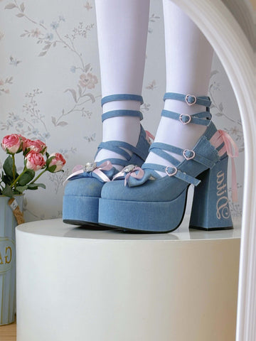 Original sweet and spicy denim ribbon lolita high heels