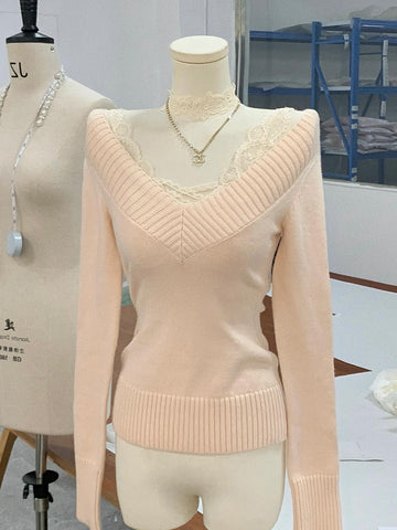 Lace panel pink V-neck sweater