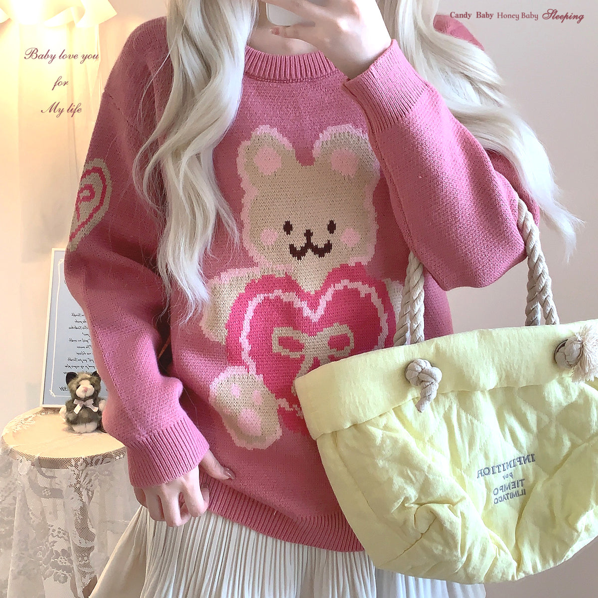 Cute Bear Heart Round Neck Long Sleeve Sweater